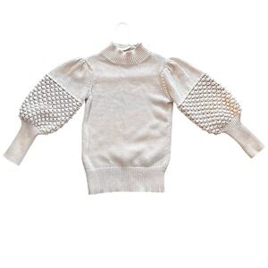 Trina‎ Turk Cream Mock Neck Puff Sleeve Popcorn Bobble Knit Sweater Womens Small